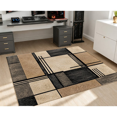 Tapis velours antidérapant en velours, motif géométrique moderne à carreaux noir beige, tapis décoratif, décoration intérieure contemporaine pour salon, chambre à coucher, couloir, bureau, appartement