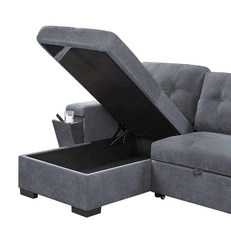 95"W Gray Woven Fabric Reversible Sleeper Sectional Sofa With Storage Chaise Cup Holder Charging Ports And Pockets