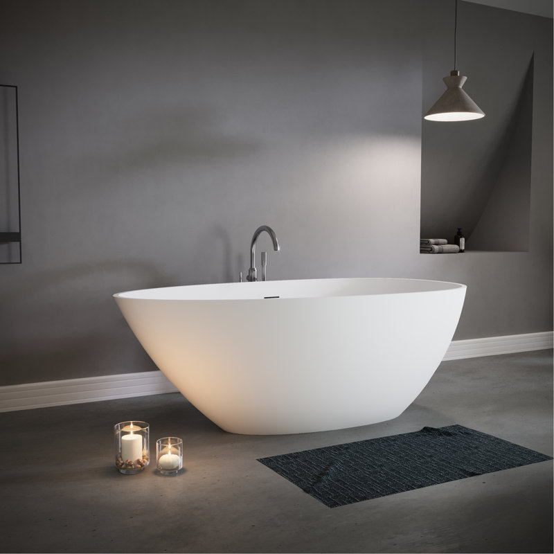 Freestanding Solid Surface Luxury Stone Resin Soaking Bathtub, Matte White, Adapted For Contemporary Bathrooms, 59" Depth Measurement, Overflow And Pop - Up Drain, Outstanding Heat Insulating