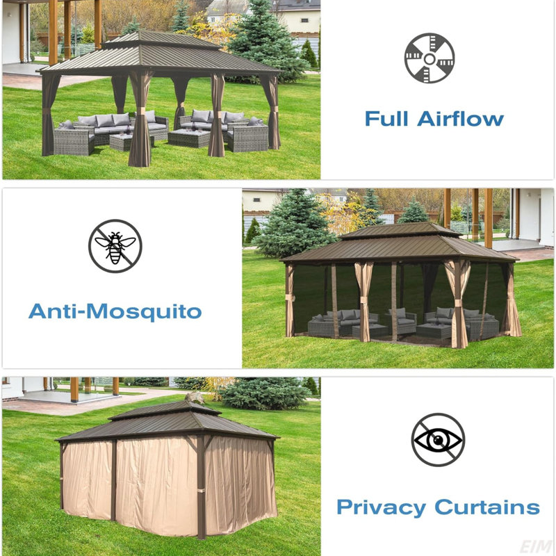 Hardtop Gazebo, Aluminum Metal Gazebo With Galvanized Steel Double Roof Canopy, Curtain And Netting, Permanent Gazebo Pavilion(Canopy)