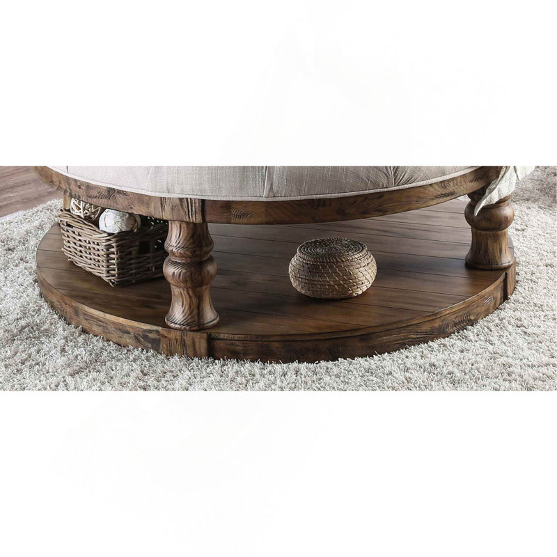 Table basse ronde en bois de style rustique, finition chêne antique, pieds tournés et tablette ouverte, Chêne foncé antique