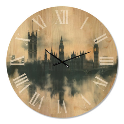 Horloge murale surdimensionnée, paysage urbain - London Foggy Morning Skyline, imprimée sur bois