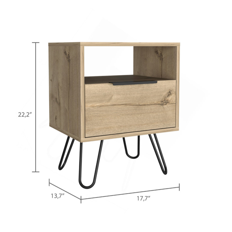 Table de chevet Augusta, table de bout, armoire à porte simple de table d'appoint, pieds en épingle à cheveux - chêne clair
