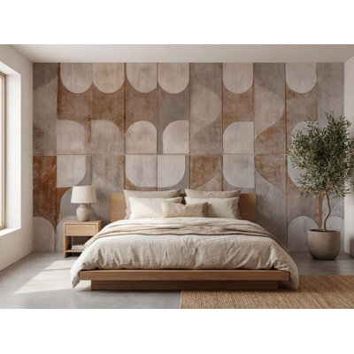 Mid-Century Arch Pattern Wall Mural - Rust Beige Geometric Tile Texture Wallpaper for Living Room Decor