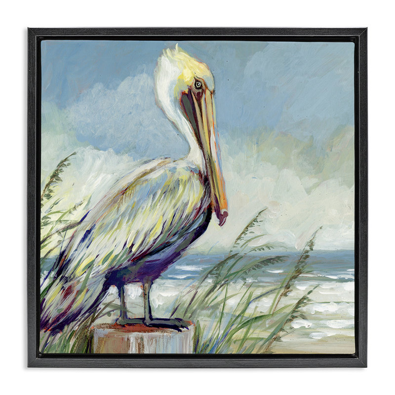 Cadre flottant Coastal Pelican Perch, design par Susan Winget, Cadre flottant noir de jais, H 18 po x l 18 po