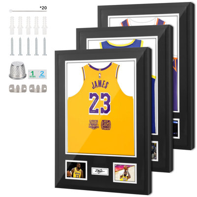 Vitrine en jersey avec protection UV, cadre en bois, tapis et tableau d'affichage pour chemises et photos de sport (paquet de 3)