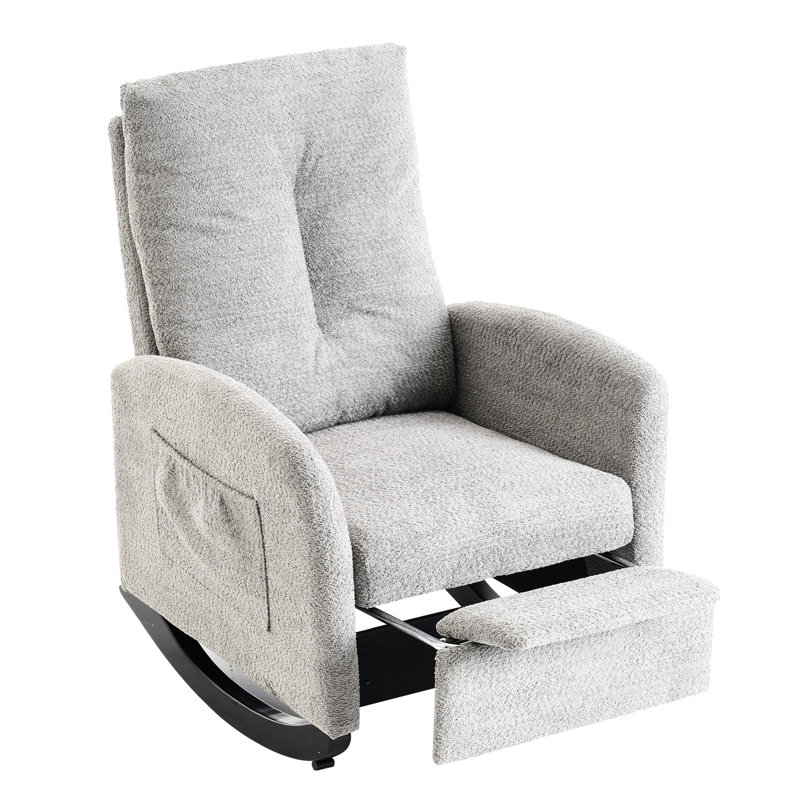 Chaise berçante confortable avec repose-pieds, rembourré gris, base en bois massif, design moderne pour chambre à coucher, salon rembourré à haut dossier avec effet apaisant, chambre, chambre de bébé