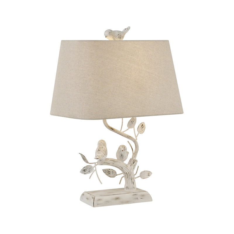 Lampe de table 22 po Whitewashresin avec oiseaux et abat-jour rectangulaire en lin, Blanc, Beige