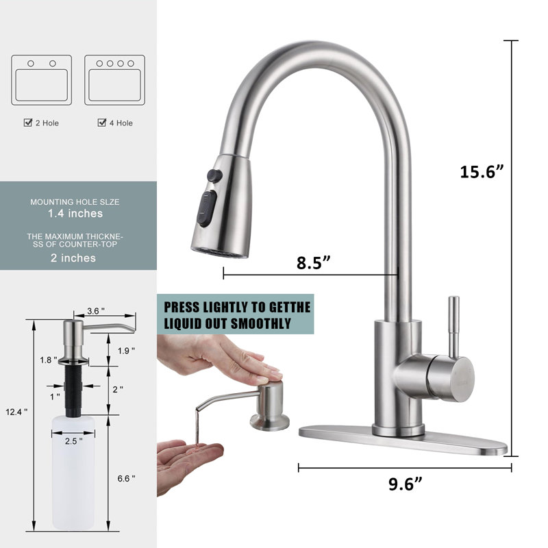 Kitchen Faucet With Soap Dispenser, Stainless Steel Pull-Down Faucet, Single Handle High Arc Kitchen Faucet., Brushed Nickel