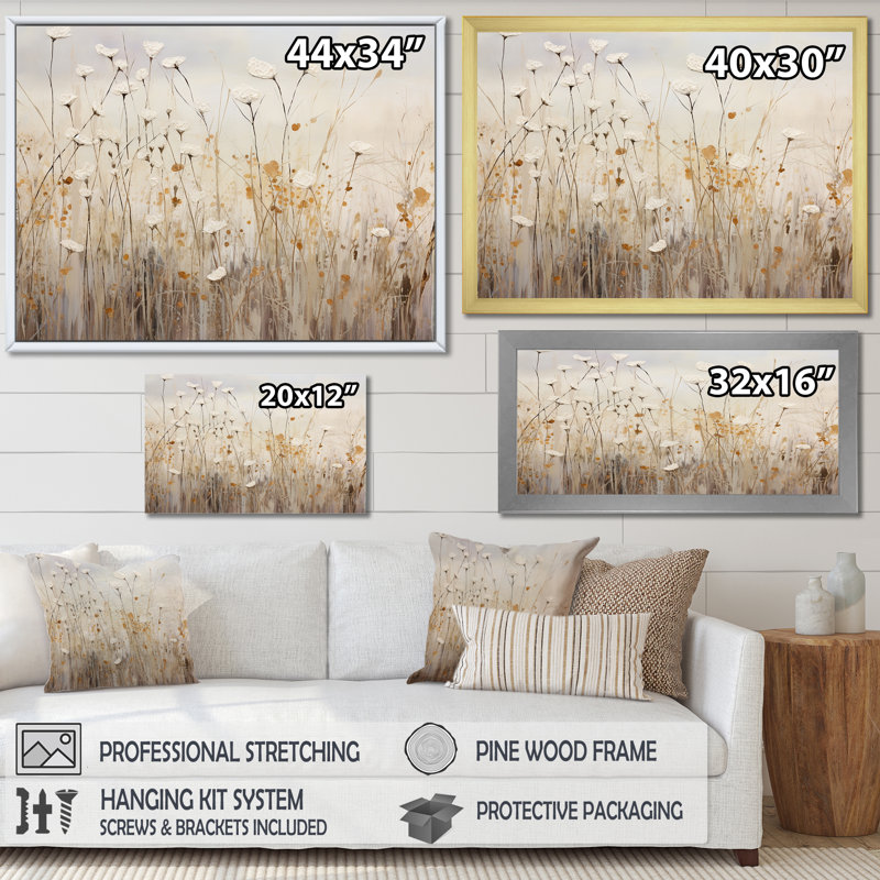 beige Wildflowers Floral Fantasy - Beige Wildflowers Wall Art, No Frame, Wrapped Canvas, 34" H x 44" W