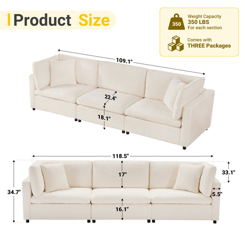 118.5” W Oversized Down-Filled 3-Seater Modular Sofa, Beige
