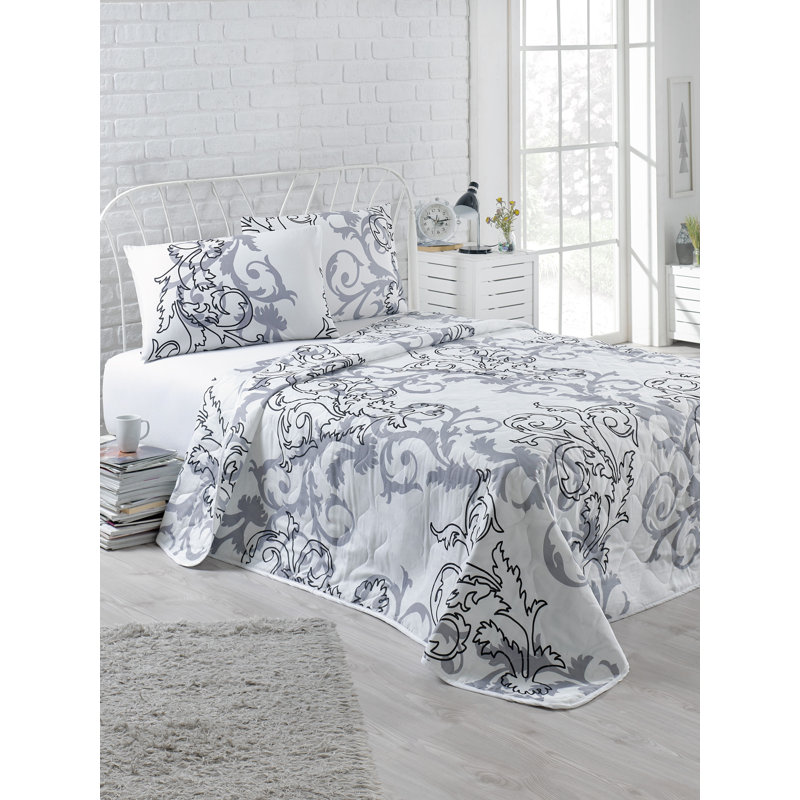 Cotton Blend Damask Bedding, 79" x 98" Bedspread + 2 Standard Pillowcases, Gray