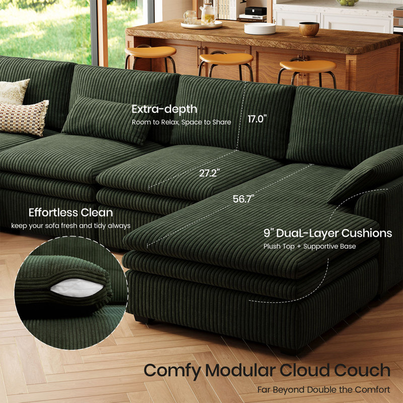 Manuel Corduroy U-Shaped Sofa Living Room Sectional Couch With Detachable Double Cushion, Green Corduroy