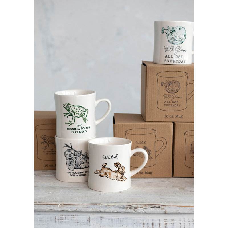 Grande tasse ronde en grès de 5 pouces avec motifs animaliers et boîte de rangement
