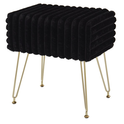 Vanity Stool With Striped Faux Fur Seat,Modern Vanity Bench Stool For Dressing Table And Bedroom, White by Mercer41