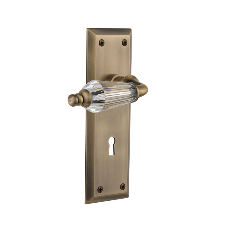 Crystal Parlor Interior Mortise Door Lever with New York Long Plate, Antique Brass