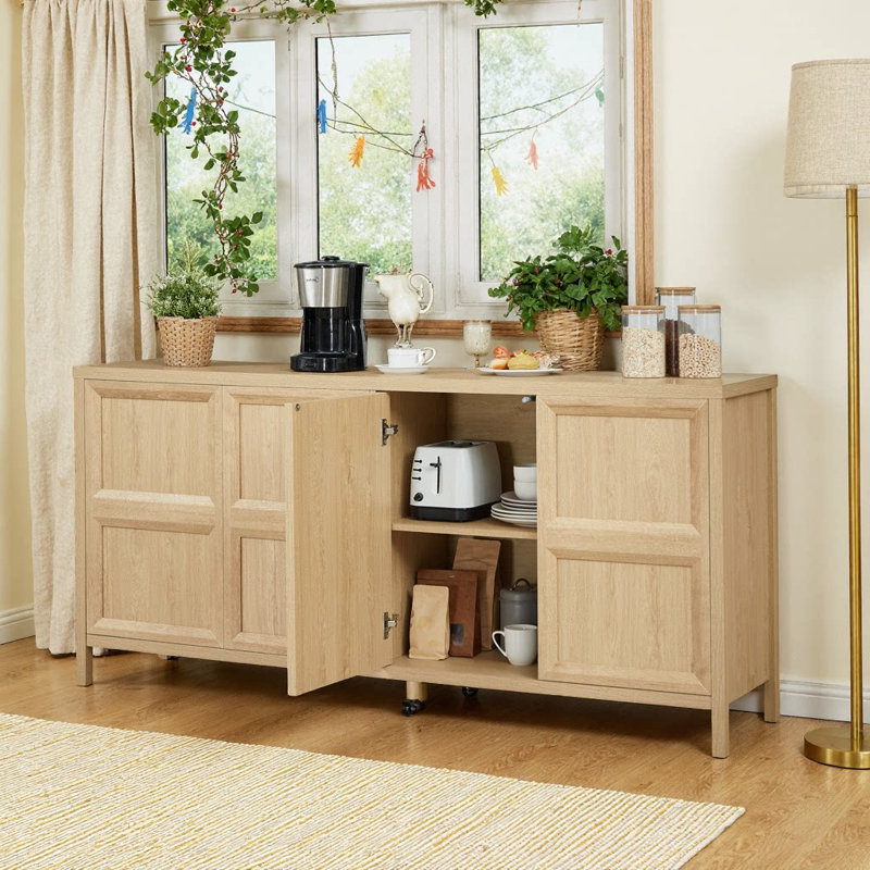 67'' Sideboard Storage Cabinet With Soft-Close Hinges & Anti-Tip Mount, Mdf Wood, 150Lbs Capacity, Oak