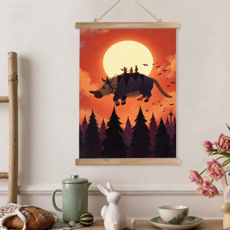 «Sunset Forest Creature Ride», art mural à volutes suspendues, cintre en bois intégré, 16 x 24