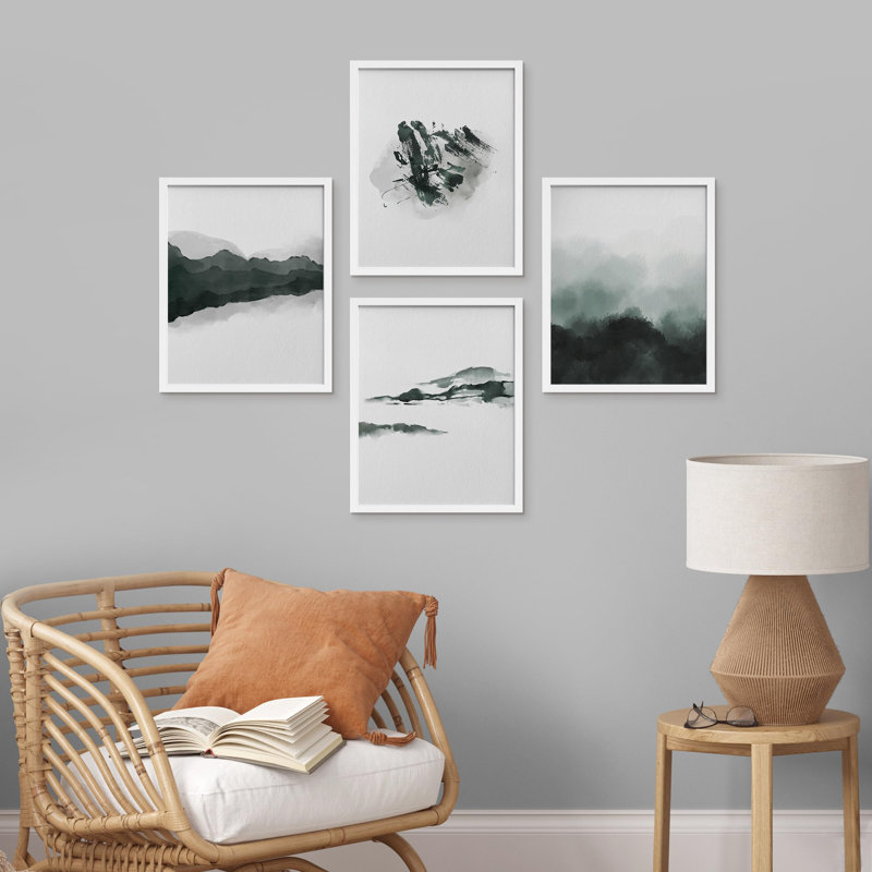 Duotone Misty Mountain Paint Strokes - Ensemble de 4 reproductions de cadres photo simples, H 16 po x l 12 po, Blanc