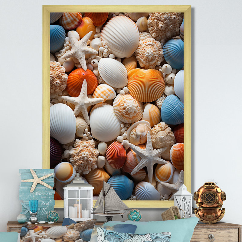 " Beach Photo Seashell Symphony VI ", 32" H x 16" W x 1" D, Gold Picture Framed