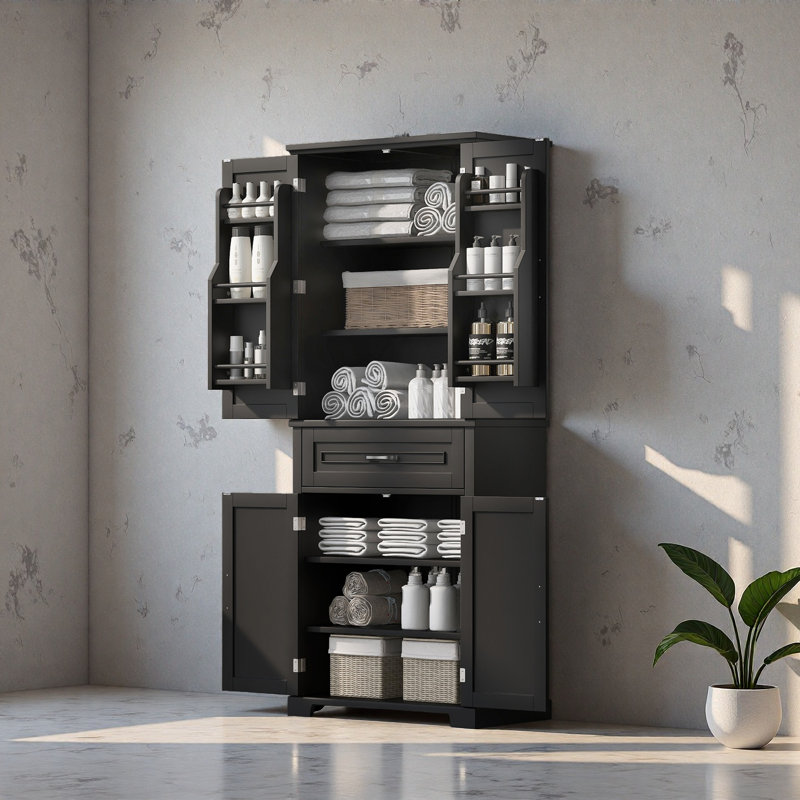Armoire de rangement de salle de bain avec portes et tiroir, plusieurs espaces de rangement, tablette réglable, Gris