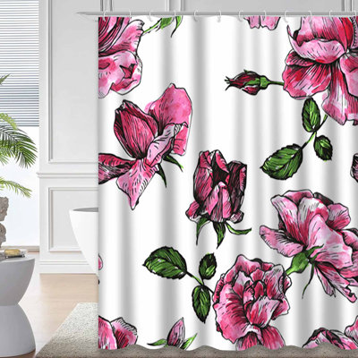 Waterproof Seamless Floral Blossom Bath Watercolor Rose Shower Curtain with 12 Hooks