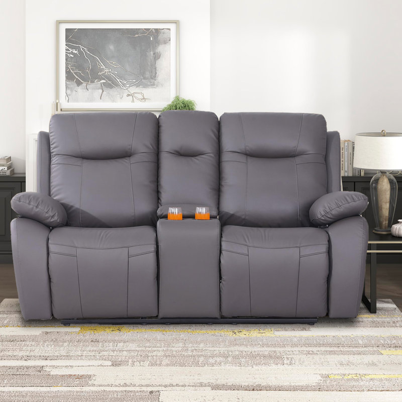Bhuvi 70.47'' Faux Leather Reclining Loveseat, Gray Faux Leather