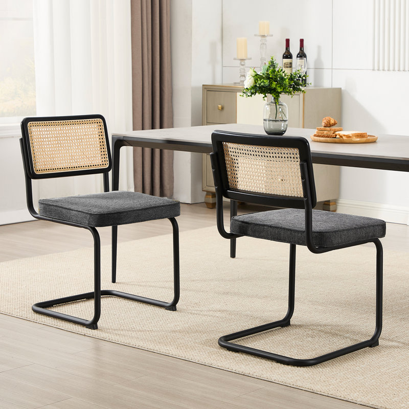 Crumley 47.8cm Dining Chair with Natural Rattan Backrest, Upholstered Seat and Steel Frame(Set of 2), Black / Dark Grey Linen