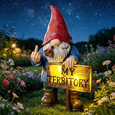 Gnome solaire avec enseigne lumineuse «My Territory», statue extérieure du doigt du milieu, cadeau bâillon pour l'anniversaire de Noël de la fête des Pères pour le mari