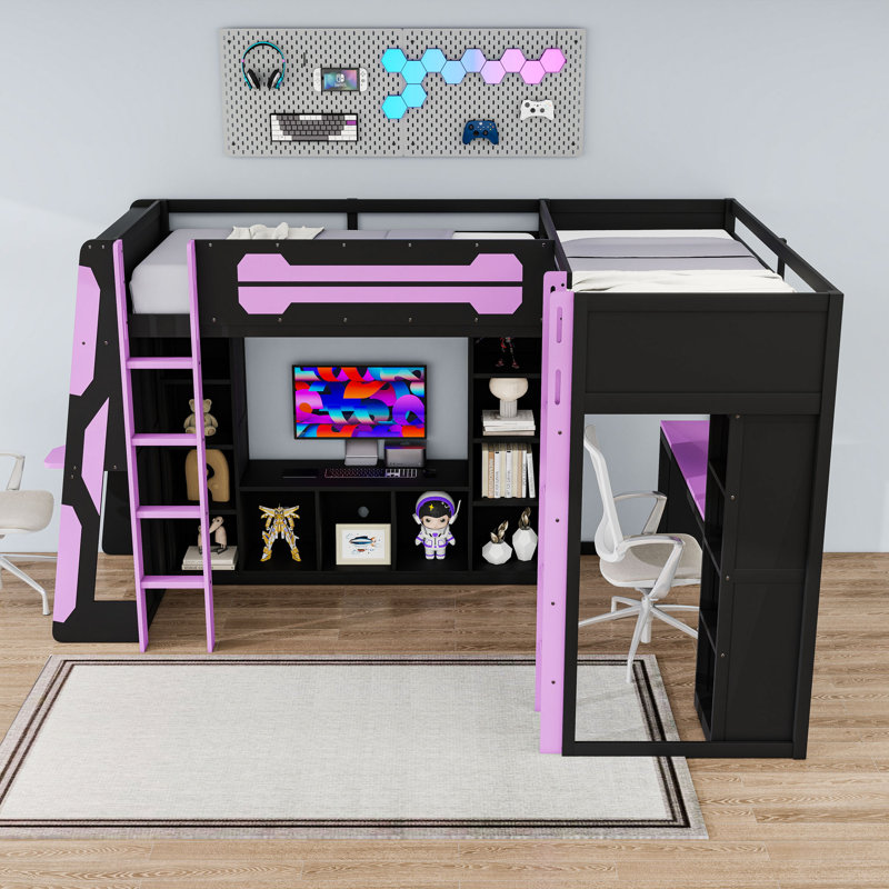 Lit mezzanine simple en L en bois avec lumières DEL RVB, ports USB et tablettes de rangement, Noir / mauve