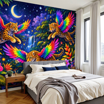 Papier peint adhésif foncé foncé, léopard à ailes colorées, jungle tropicale, nuit, fleurs vibrantes, étoiles, papier peint amovible en PVC, H 100 po x l 144 po, pour le salon, la chambre et le bureau à domicile