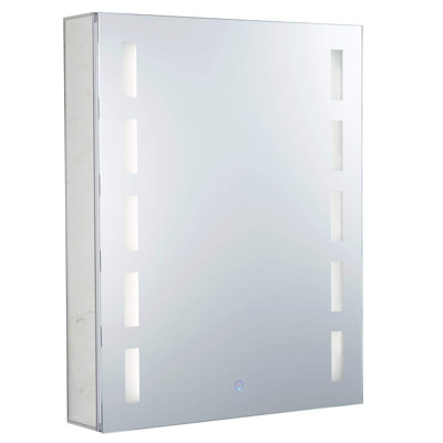 Armoire à pharmacie rectangulaire en aluminium sans cadre FINE FIXTURES avec éclairage vertical à DEL, capteur tactile à intensité variable et tablettes réglables