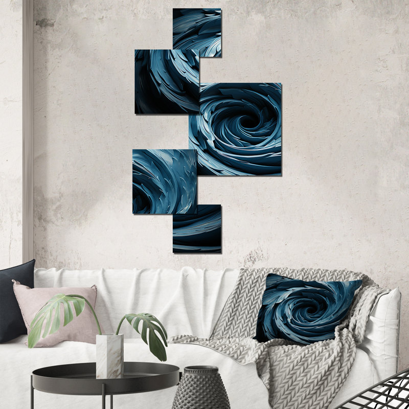 «Spiraling Blue Abstract Vortex I», ensemble d'art mural carré à spirales abstraites de 5