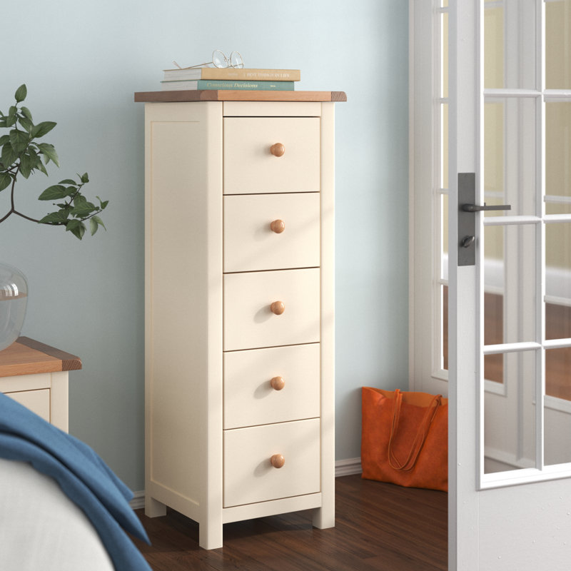 Pompey 5 Drawer 45Cm W Solid Wood Tallboy, Off-White