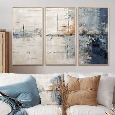 Abstract Blue Beige Road Collage II - Abstract Collages Canvas Wall Art Set