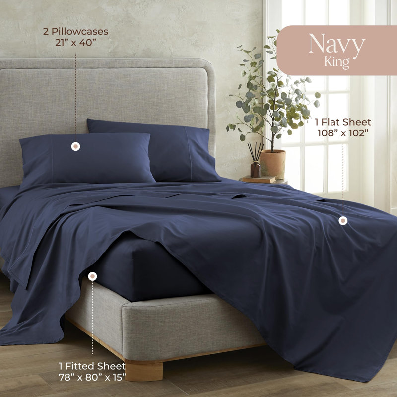 100% Organic Cotton Sheets King Size - GOTS Certified Organic Bed Sheets with Deep Pocket Breathable and Cozy Sateen Weave Gets Softer with Each Wash - Luxury 4 Piece Set (Navy, King)