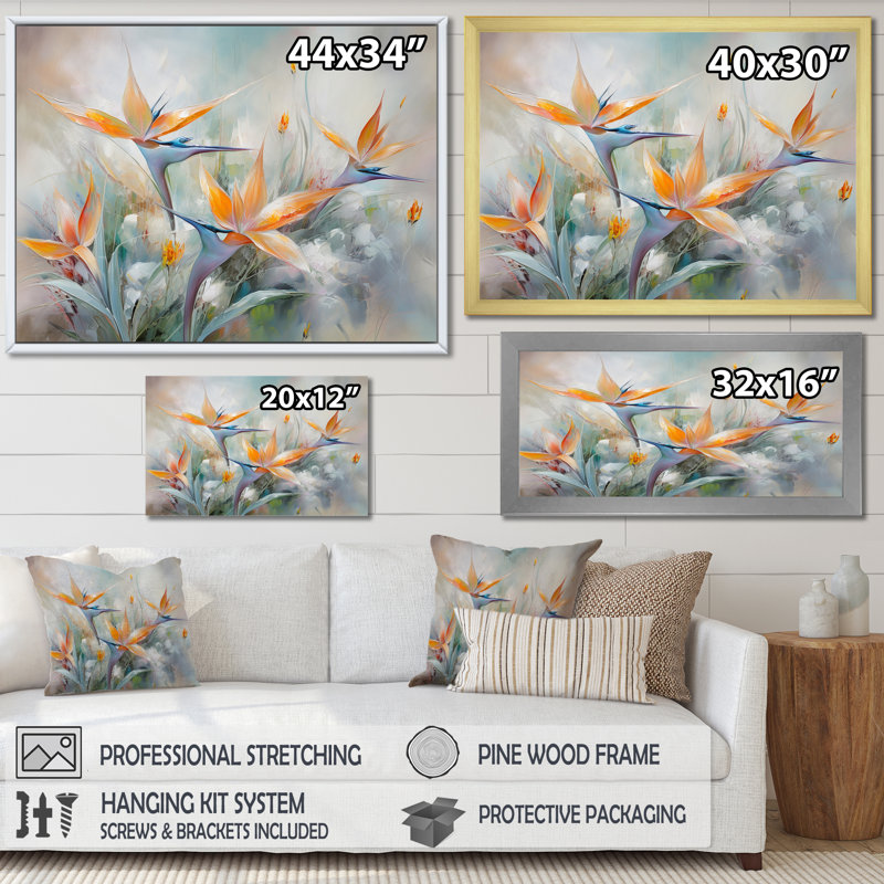 Oiseaux de paradis beige et orange I - impression, H 16 po x l 32 po x P 1 po, Cadre simple argenté