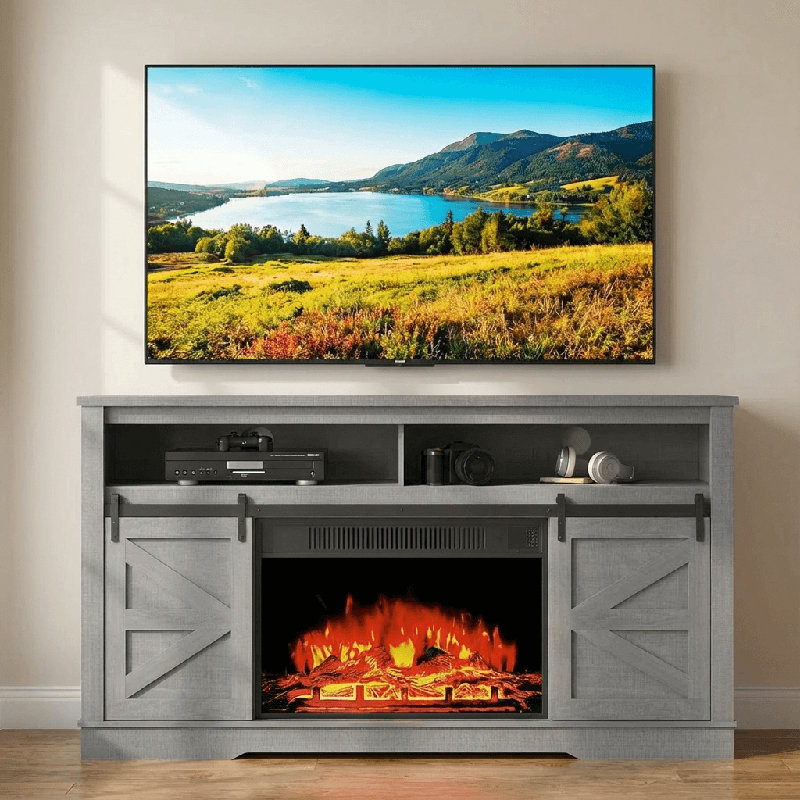 Thoa 58'' Media Console TV Stand For TVs Up To 65" With Electric Fireplace Included, Gray