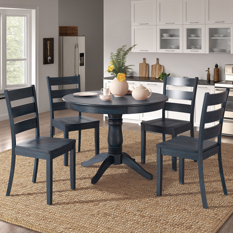 Alexa-Mae 4-Person Solid Wood Pedestal Dining Set, Antique Dark Denim