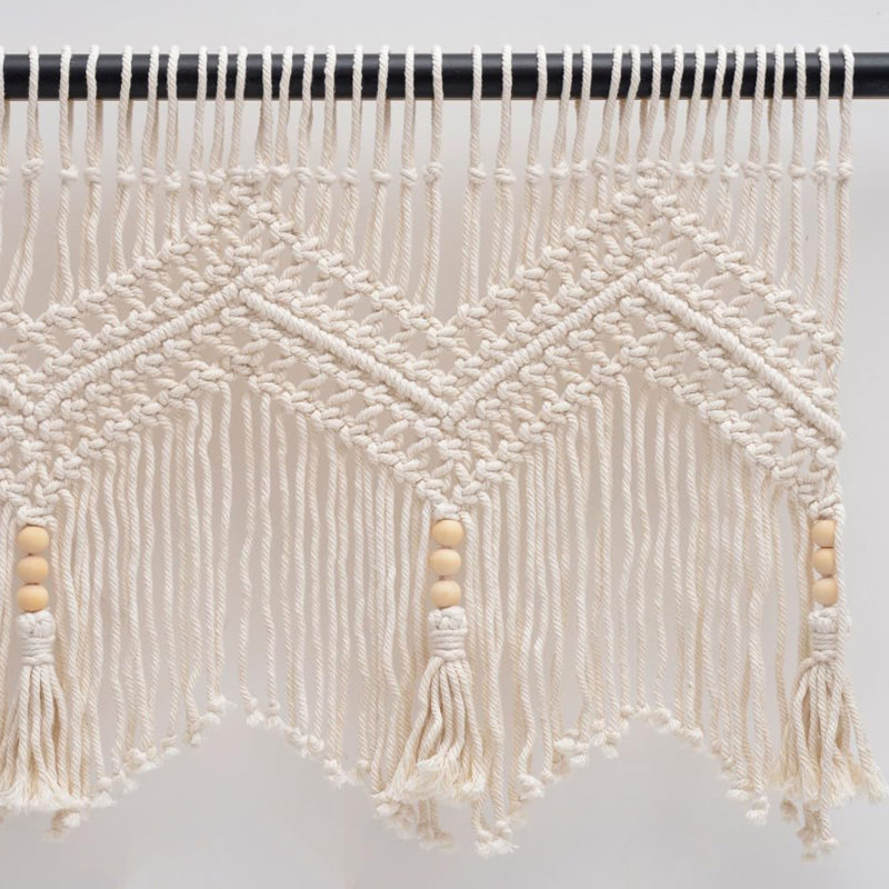 Boho Macrame Cotton Window Valance with Tassels, 52” W x 21” L – Natural Woven Curtain Topper