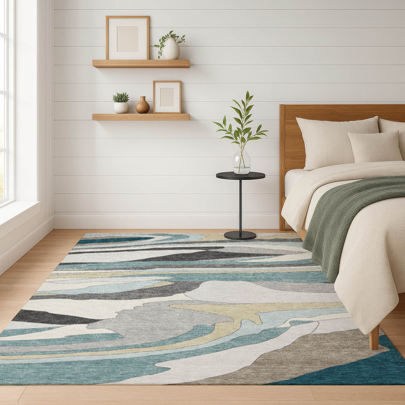 Machine Washable Indoor/Outdoor Chantille ACN2777 Abstract Rug, Teal, 5' x 7'6"