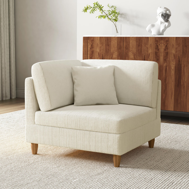 Fauteuil rembourré en velours côtelé beige avec dossier rembourré, module de fauteuil simple à un accoudoir pour canapé modulaire