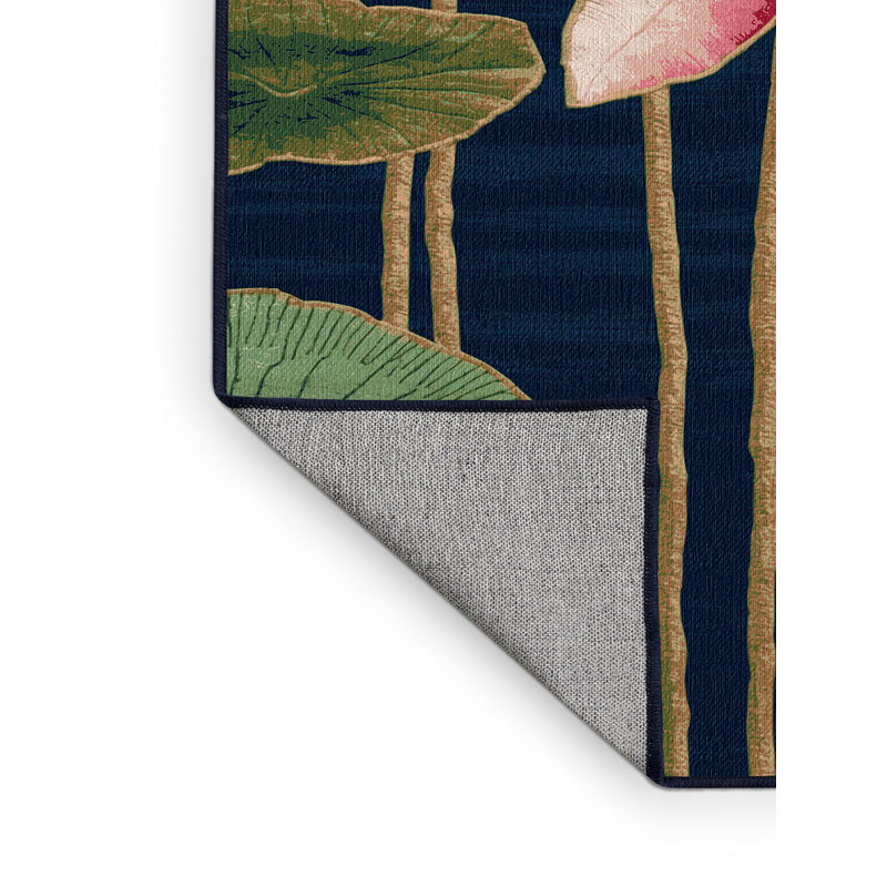 Tapis bleu botanique lavable à la machine, Rond 5 pi