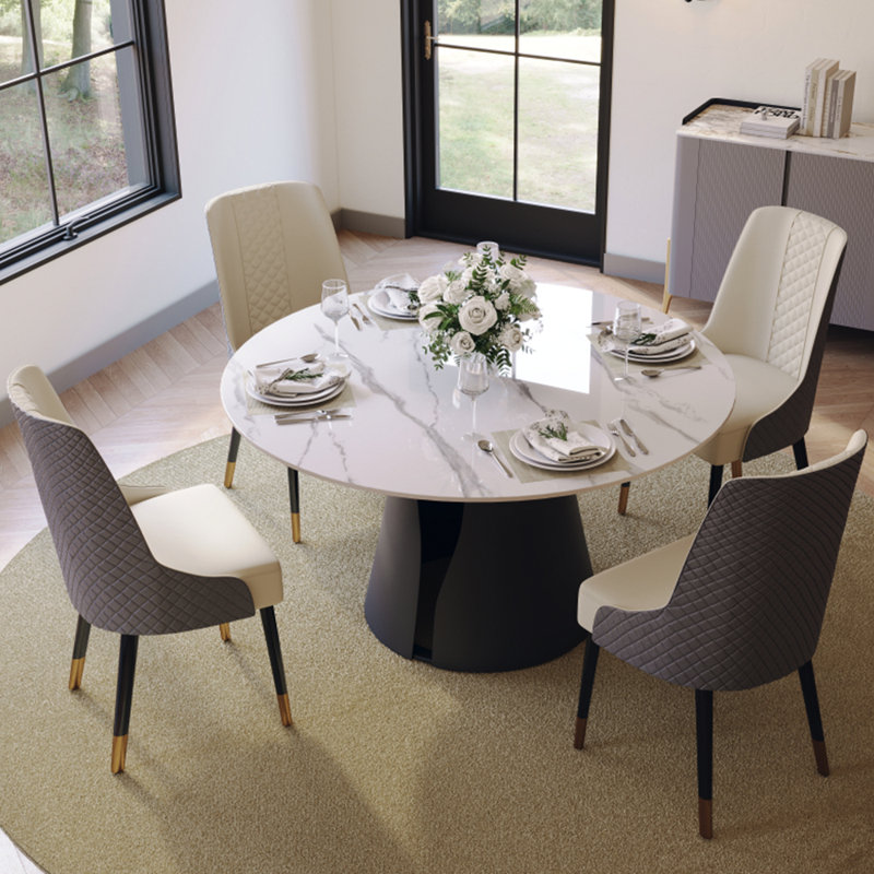  5-Pieces Modern Dining Room Sets (47" Round Dining Table + 4 Chairs) Pre-Assembly, Sintered Stone Tabletop Kitchen Dining Table Set with PU Upholstered Chairs