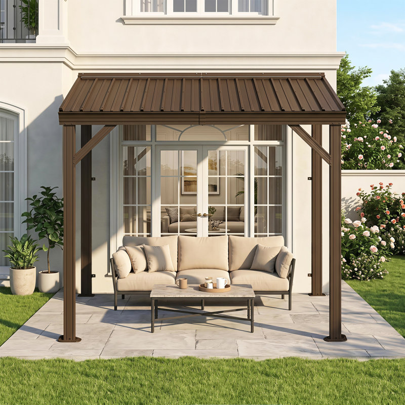 Pavillon de jardin pour terrasse, incliné, avec toit en acier galvanisé incliné, Brun