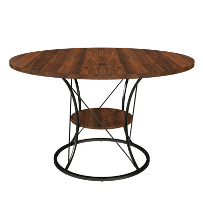 43 - 59 Inch Extendable Round Table For Home, Brown Walnut Veneer With Black Metal Frame, Multi Point Clasp, Triangular Bracing, Dark Tone Storage, Ea