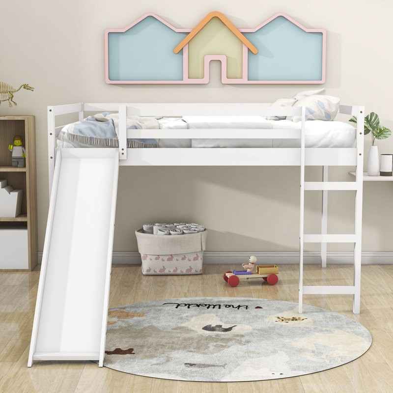 Lit mezzanine double avec glissoire Hallema, Blanc