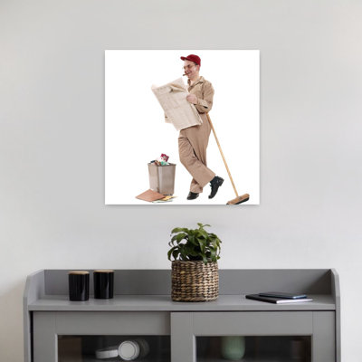 1970S Janitor Maintenance Man Leaning On Broom Reading Wall Street Journal Smoking Cigar Smiling Wearing Red Cap Classic Retro Vintage Wall Art