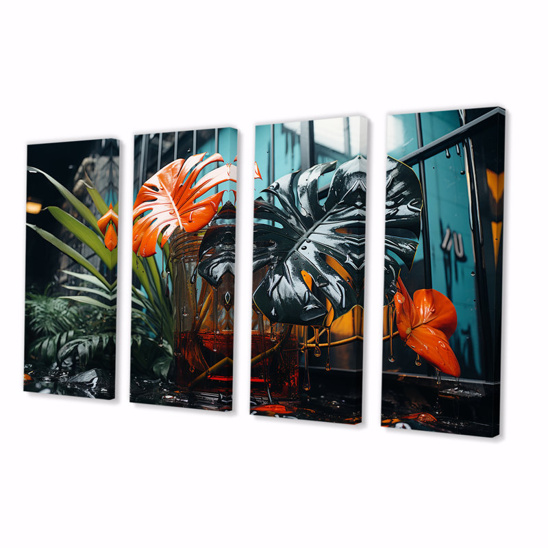 Ensemble moderne d'art mural moderne orange et vert II - Collages abstraits, H 32 po x l 64 po