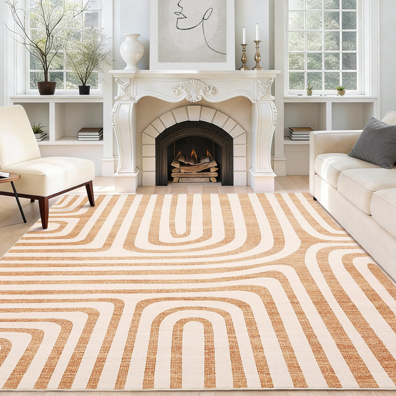 Washable Non-Slip Modern Area Rug - Soft Low-Pile Carpet for Living Room, Bedroom, Dining Room - Abstract Geometric Design - Orange, 8x10ft (244x305cm), US Spec